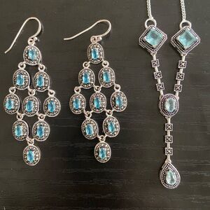 925k Sterling Silver Set Marcasite Earrings and Necklace with Aquamarines